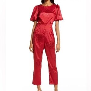 New Lulus Time After Time Floral Jacquard Satin Open Back Jumpsuit - Deep Red